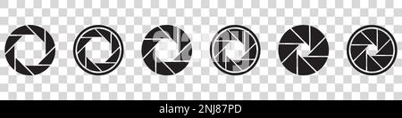 Icona di apertura impostata. Diaframma dell'obiettivo della fotocamera. Icone dell'otturatore della fotocamera. Illustrazione Vettoriale
