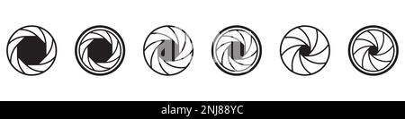 Icona di apertura impostata. Diaframma dell'obiettivo della fotocamera. Icone dell'otturatore della fotocamera. Illustrazione Vettoriale