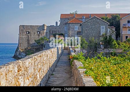 Mura veneziane di Budua nella città medievale di Budva lungo il mare Adriatico, Montenegro Foto Stock