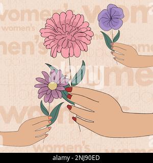 Gruppo di mani che tengono fiori felice donna giorno poster Vector Illustrazione Vettoriale