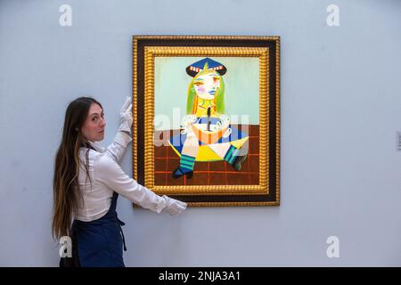 Londra, Inghilterra, Regno Unito. 22nd Feb, 2023. Pablo Picasso, Ritratto della figlia Maya dell'artista, precedentemente di proprietà di Gianni Versace, stima Â che 12-18 milioni di sterline siano visti davanti alle aste di Arte moderna e Contemporanea di Sotheby a Londra. (Credit Image: © Tayfun Salci/ZUMA Press Wire) SOLO PER USO EDITORIALE! Non per USO commerciale! Foto Stock