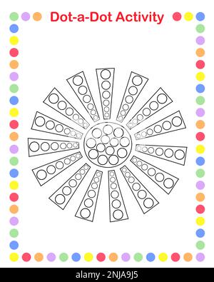 Gioco didattico Sun dot-a-dot o foglio di lavoro per il tempo libero, illustrazione vettoriale di delirio, attività di divertimento stagionale naturale, divertimento estivo o primaverile per i bambini Illustrazione Vettoriale
