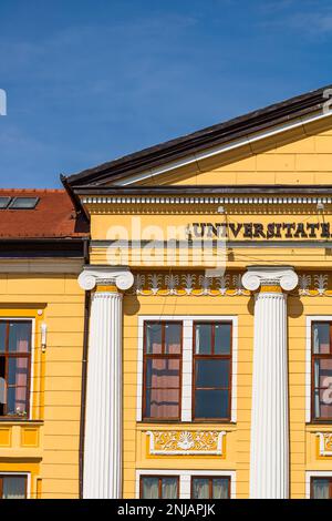 Dettagli architettonici, facciata dell'edificio dell'Università 1 Decembrie 1918, Alba Iulia, Romania, 2021 Foto Stock