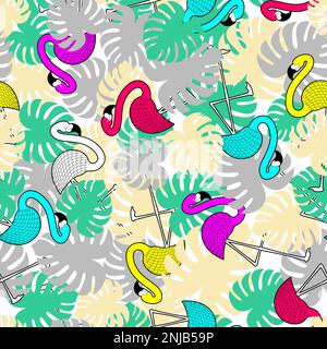 Flamingo e foglie tropicali modello senza cuciture. uccello d'acqua con sfondo piumaggio rosa pallido. Ornamento di tessuto per bambini Illustrazione Vettoriale