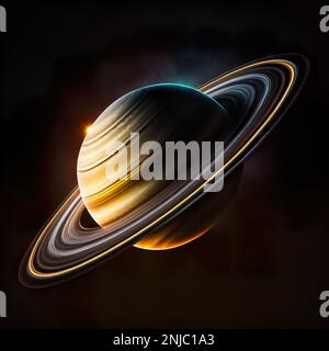 Pianeta Saturno, nella notte nera. 3D l'illustrazione presenta il pianeta del sistema solare. Elementi immagine forniti dalla NASA. Foto Stock