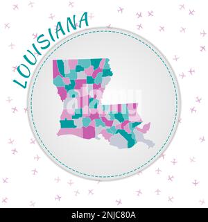 Disegno della mappa della Louisiana. Mappa dello stato degli Stati Uniti con regioni nella tavolozza dei colori smeraldo-ametista. Illustrazione Vettoriale