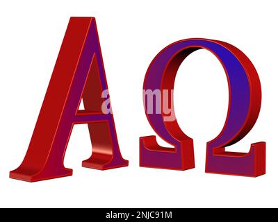 Alpha e Omega, simboli, illustrazione 3D Foto Stock