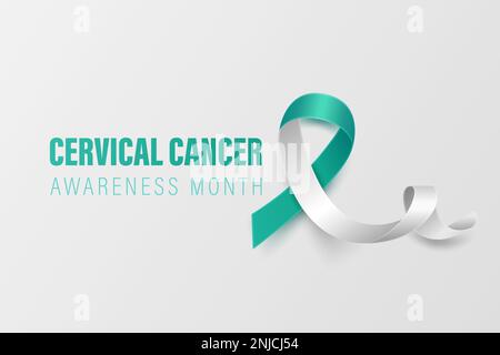 Banner cancro cervicale, cartellino, cartellino con Vector 3D Teal realistico e nastro bianco su sfondo bianco. Simbolo del mese di consapevolezza del cancro cervicale Illustrazione Vettoriale