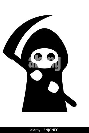 Carino reaper di orlo - la morte del cartone animato in un mantello nero con un cappuccio e una falce, disegno vettoriale in bianco e nero su bianco Illustrazione Vettoriale