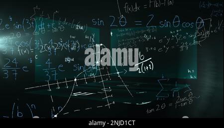 Immagine dell'elaborazione dei dati e delle equazioni matematiche su schermo Foto Stock