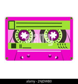 Cassetta audio retro in plastica con nastro in figura vettoriale a tecnica piatta isolata su sfondo bianco Illustrazione Vettoriale