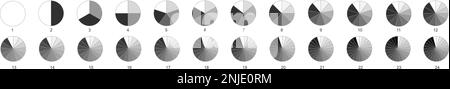 Modelli di grafici a ciambella o a torta. Il cerchio si divide in 2, 3, 4, 5, 6, 7, 8, 9, 10, 11, 12, 13, 14, 15, 16, 17, 18, 19, 20, 21, 22, 23, 24 parti uguali. Serie di schemi delle ruote segmentate. Illustrazione vettoriale. Illustrazione Vettoriale