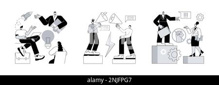 Set di illustrazioni vettoriali per concetti astratti della cultura aziendale. Cultura del luogo di lavoro, divario di comunicazione, discriminazione razziale, team aziendale, linguaggio del corpo, metafora astratta di bullismo e molestie. Illustrazione Vettoriale