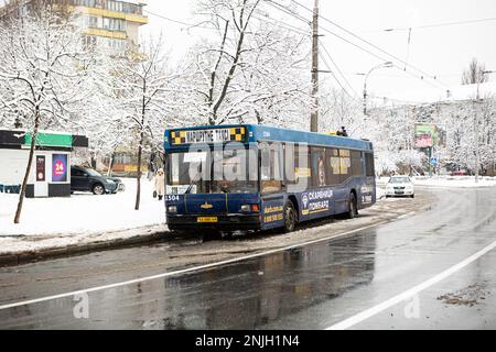 L'inverno a Kiev, capitale dell'Ucraina, toglie la gente del posto fuori guardia con uno spesso strato di neve solo per trasformarsi in un disgelo.nella foto è taxi bus, trasporto commerciale Foto Stock