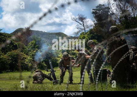 STATI UNITI Marines con 3D battaglione, 3D Marines sparano un sistema di mortaio da M252 81 mm durante le prove di combattimento a Camp Hansen, Okinawa, Giappone, 8 agosto 2022. Questa formazione ha migliorato la competenza dei Marines a livello tattico e ha sviluppato la leadership delle piccole unità. 3/3 è schierato in avanti nell'Indo-Pacifico sotto 4th Marines, 3D divisione marina come parte del programma di distribuzione dell'unità. Foto Stock