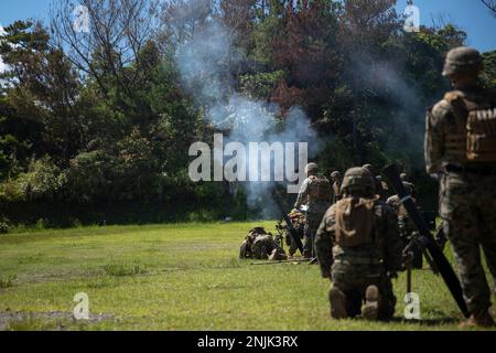 STATI UNITI Marines con 3D battaglione, 3D Marines sparano un sistema di mortaio da M252 81 mm durante le prove di combattimento a Camp Hansen, Okinawa, Giappone, 8 agosto 2022. Questa formazione ha migliorato la competenza dei Marines a livello tattico e ha sviluppato la leadership delle piccole unità. 3/3 è schierato in avanti nell'Indo-Pacifico sotto 4th Marines, 3D divisione marina come parte del programma di distribuzione dell'unità. Foto Stock