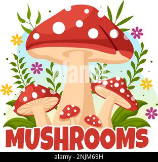 Funghi Illustrazione con diversi funghi, erba e insetti per banner Web o landing page in Cartoon piano modelli disegnati a mano Illustrazione Vettoriale