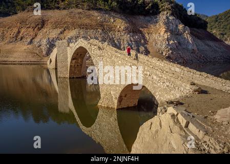 Querós ponte medievale, nel bacino idrico di Susqueda, sommerso dopo la costruzione del bacino e si può vedere in periodi di forte siccità Foto Stock