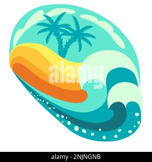 Illustrazione vettoriale con isola tropicale, palme e onde turchesi in tecnica piatta Illustrazione Vettoriale