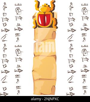 Antico Egitto papiro o pilastro di pietra con scarabeo cartoni animati illustrazione vettore. Antica carta con geroglifici per la memorizzazione di informazioni, cultura egiziana simboli religiosi, isolato su bianco Illustrazione Vettoriale