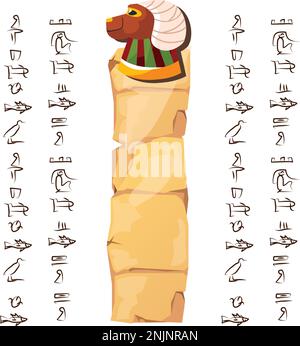 Antico Egitto papiro o pilastro di pietra con testa di ariete cartoon vettoriale illustrazione. Antica carta con geroglifici per la memorizzazione di informazioni, cultura egiziana simboli religiosi, isolato su bianco Illustrazione Vettoriale