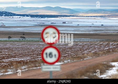 Campi agricoli in un paesaggio invernale. Laguna de Gallocanta, Teruel, Saragozza, Aragona, Spagna, Europa. Foto Stock