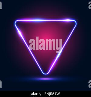 Cornice triangolare al neon con effetti luminosi e evidenziazioni su sfondo blu-rosa scuro. Illustrazione Vettoriale
