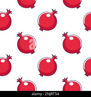 Grazioso motivo rosso melograno senza cuciture a doodle. Cartoni animati vettoriali disegnati a mano, illustrazione di melograno. Disegno a mano di melograno. Modello per abiti per bambini. Illustrazione Vettoriale