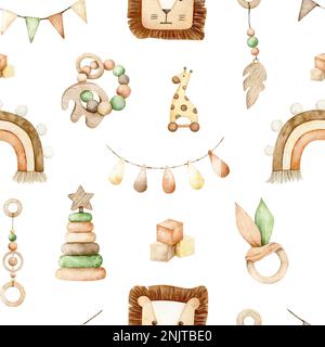 Giochi ecologici watercolor motivo senza cuciture. Illustrazione disegnata a mano con boho arcobaleno, leone, giraffa per tessuto, carta da imballaggio Foto Stock