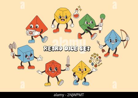 DND dadi Set per giochi da tavolo in vecchio stile cartoon classico, groovy dadi RPG per vettore gioco da tavolo Illustrazione Vettoriale