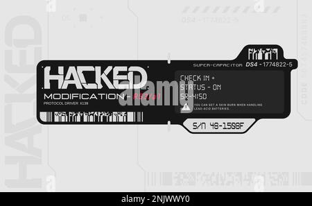 Decalcomania cyberpunk. Adesivo vettoriale, etichetta in stile futuristico. Segni, iscrizioni e simboli sci fi. Illustrazione Vettoriale