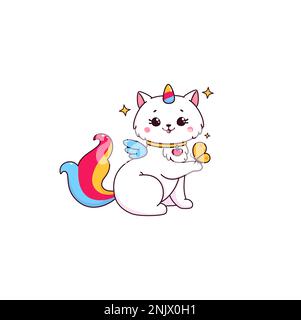Cartoon carino personaggio di casticorno giocando con farfalla. Kawaii vettore unicorno gatto con la falce seduta sulla sua zampa. Bianco divertente gattino magico con coda colorata. Gattino fiabesco giocando e divertendosi Illustrazione Vettoriale