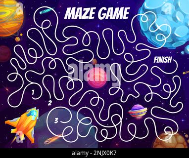 Labirinto di labirinti spaziali. Astronave, pianeti e stelle. Puzzle labirinto bambino, labirinto vettore quiz o trovare il modo in cui i bambini giocare attività, riddle foglio di lavoro con fantastico stellato, pianeti galassia e inizia Illustrazione Vettoriale