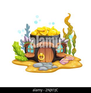Cartone animato subacquea vaso d'oro casa fata. Vector fantasia creativa dimora, sirena o casa di pesce all'interno del calderone con monete d'oro sul fondo dell'oceano con sabbia, sentiero pavimentato, conchiglie e alghe Illustrazione Vettoriale
