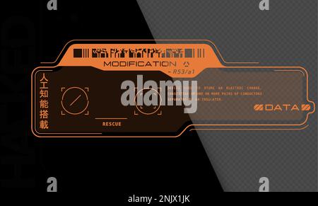 Decalcomania cyberpunk. Adesivo vettoriale, etichetta in stile futuristico. Segni, iscrizioni e simboli sci fi. Illustrazione Vettoriale