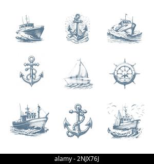 Scarafaggi marini con navi, barche e ancoraggi nautici. Illustrazioni vettoriali in stile vintage. Illustrazione Vettoriale