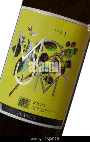 Etichetta su morum Rioja blanco bottiglia di vino bianco - prodotto di Spagna, spagnolo venduto nel Regno Unito Foto Stock