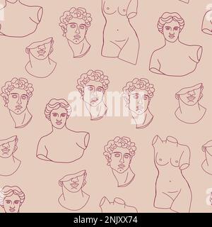 Disegno astratto senza cuciture con elementi antichi, disegno scultoreo degli dei greci e della dea, colonna, forme, sole, luna, foglie. Disegni al tratto e illustrazioni disegnate a mano. Illustrazione vettoriale Illustrazione Vettoriale