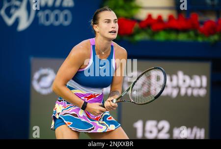 Dubai, UAE - 21 febbraio 2023, Aryna Sabalenka di Bielorussia in azione contro Lauren Davis degli Stati Uniti durante il secondo round del Dubai Duty Free Tennis Championships 2023 WTA 1000 torneo di tennis il 21 febbraio 2023 a Dubai, UAE - Foto: ROB PRANGE / SpainDPPI / DPPI/LiveMedia Foto Stock