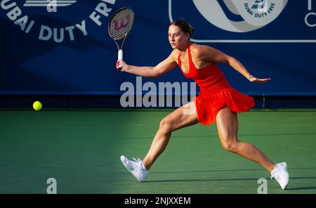 Dubai, Emirati Arabi Uniti - 21 febbraio 2023, Marta Kostyuk dell'Ucraina in azione contro Belinda Bencic della Svizzera durante il secondo round del Dubai Duty Free Tennis Championships 2023 WTA 1000 torneo di tennis il 21 febbraio 2023 a Dubai, Emirati Arabi Uniti - Foto: ROB PRANGE / SpainDPPI / DPPI/LiveMedia Foto Stock