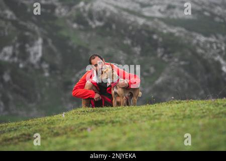 Adulto serio barbuto viaggiatore maschio in giacca a vento rosso seduto su collina verde vicino obbediente basenji cane in collare contro montagna massiccia Foto Stock