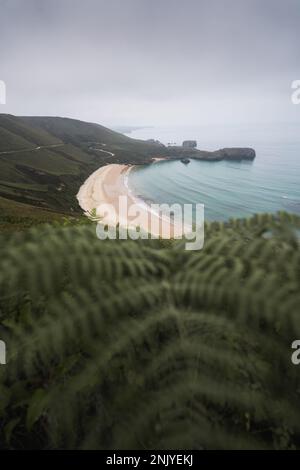 Incredibile vista di mare ondulato senza fine spiaggia sabbiosa vicino alle verdi colline in giornata di mare nelle Asturie Foto Stock