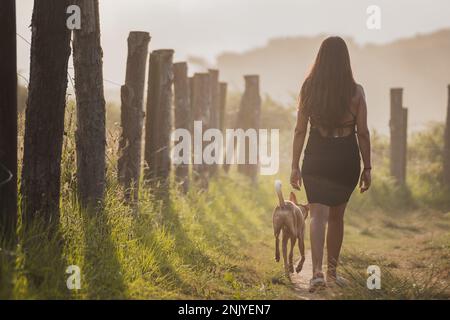 Vista posteriore dell'irriconoscibile turista femminile con lunghi capelli scuri in abito nero camminando su sentiero stretto con cane durante le vacanze estive nelle Asturie a su Foto Stock