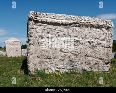 Stecci tombe medievali cimitero Dugo Polje a Blidinje, BiH. Sito UNESCO. Luogo di interesse storico. Foto Stock