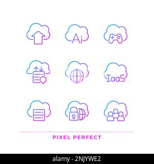 Servizio cloud per l'elaborazione dati set di icone vettoriali lineari a gradiente pixel Perfect Illustrazione Vettoriale