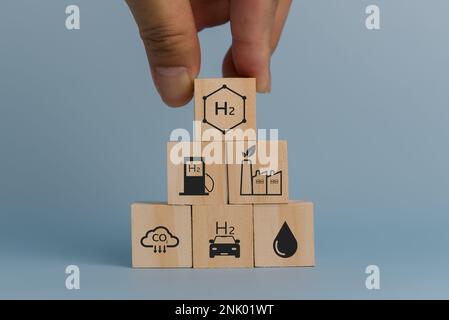 Mano che tiene cube di legno. Clima ed energia eco-friendly nel futuro per obiettivo netto di emissioni zero. Cambiamento CO2 a H2 concetto di cella a combustibile. Foto Stock