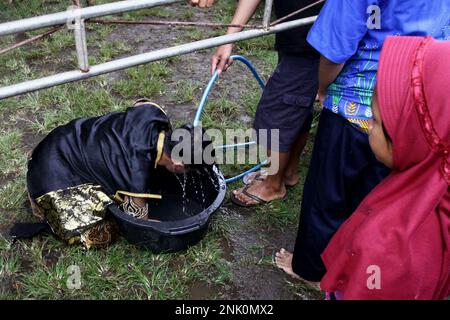 23 febbraio 2023, Sleman, Regione Speciale di Yogyakarta, Indonesia: Ballerina in azione durante il Kuda lumping o localmente conosciuto come ''Jathilan''performance artistica a Sleman, Regione Speciale di Yogyakarta. Jathilan è un'arte che combina elementi dei movimenti di danza con rituali, come mezzo di intrattenimento pubblico. A parte questo, lo scopo di mettere Jathilan in scena è come mezzo per unire il popolo contro l'oppressione. Così, le figure raffigurate in questa arte sono guerrieri che sono simili ai guerrieri in tempi reali antichi. Oltre a seguire i ceppi della musica gamelan, anche i ballerini sono posseduti da Foto Stock