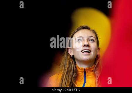 ARNHEM - Olanda, 23/02/2023, Femke Bol durante una riunione stampa dell'Unione Atletica a Papendal in vista dei campionati europei indoor di Istanbul all'inizio di marzo. ANP KOEN VAN WEEL Foto Stock