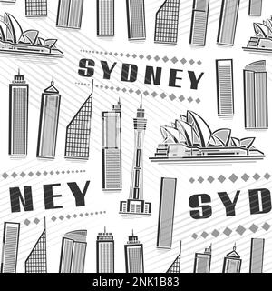 Vector Sydney Seamless Pattern, sfondo quadrato a ripetizione con illustrazione del famoso paesaggio della città di sydney su sfondo bianco per carta da imballaggio, monochr Illustrazione Vettoriale