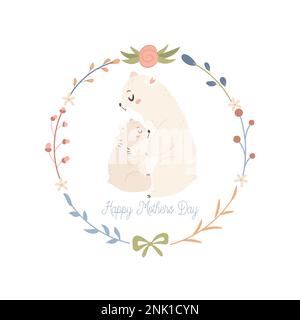 Mama dell'orso bianco con il bambino. Concetto di biglietto d'auguri per il giorno della Fata di Mamme. Illustrazione Vettoriale